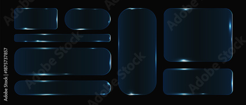 Neon glass frame collection with luminescent geometric elements, Set of frames and design UI UX elements in the style of liquid glass. Rectangular frosted glass elements.