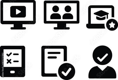 Digital icons representing various online activities and verification processes are displayed on screens with a clean interface