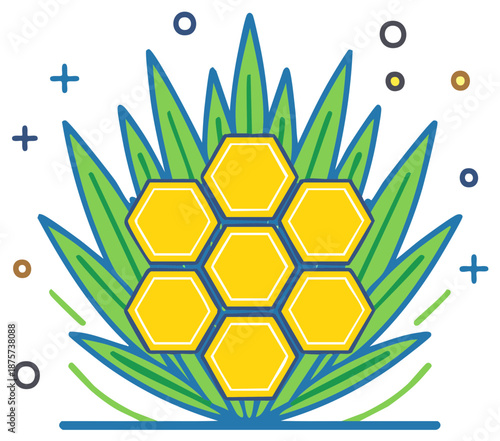 Abstract honeycomb, leaves, and geometric decorative elements illustration for nature theme