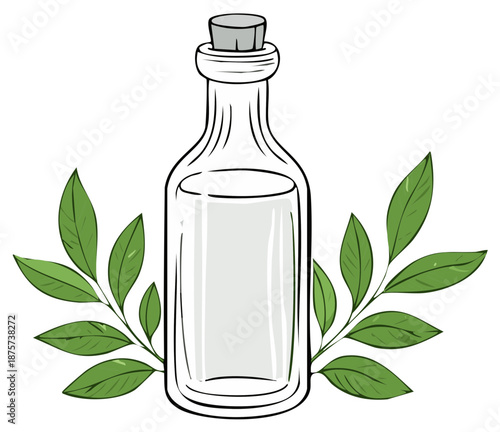 Aromatic essential oil in a corked glass bottle with fresh green leaves vector illustration for beauty and spa