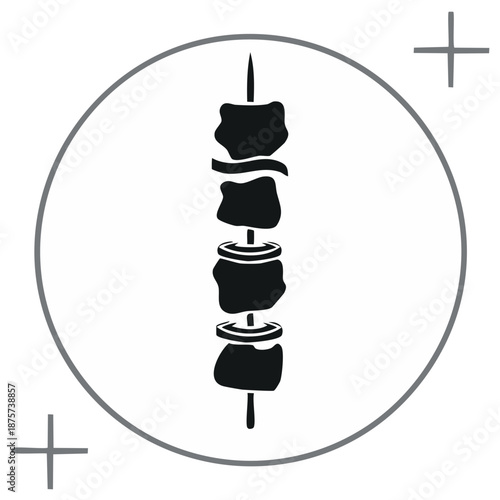 Stylized black and white illustration of a meat kebab on a skewer inside a circle