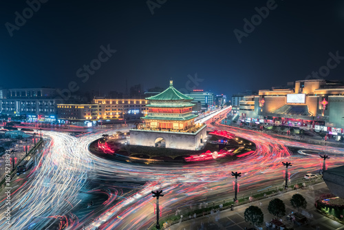 Photography Xi'an Bell Tower Night Scene with Light Trails and Traditional Architecture