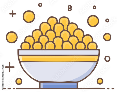 Vibrant cartoon illustration of a white bowl overflowing with fresh yellow peas, healthy food icon