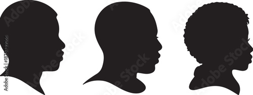 Three male head silhouettes displaying different facial features and hair textures in profile