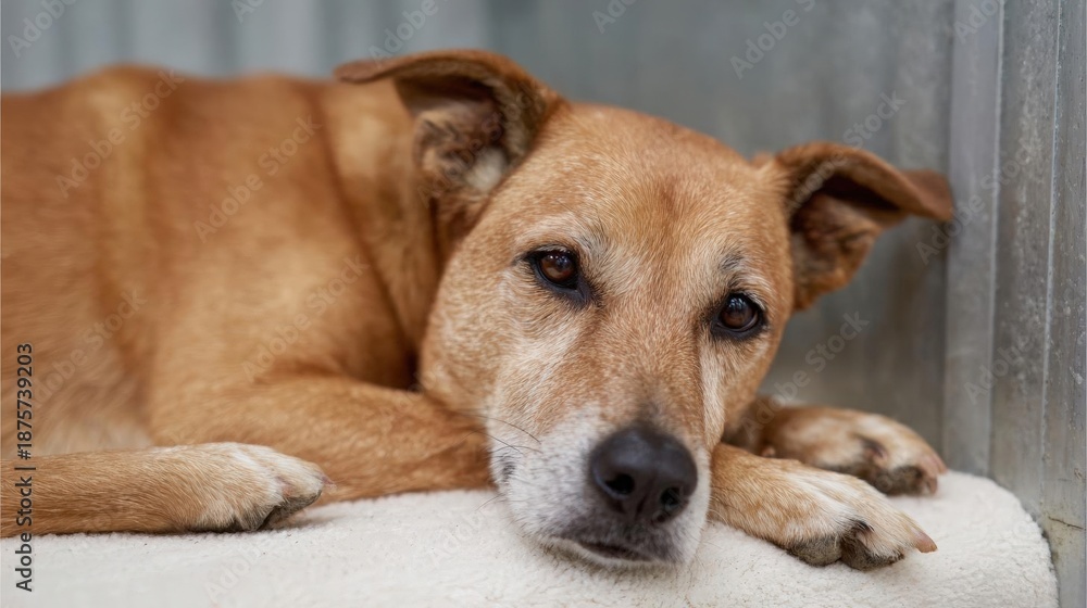Obraz premium Close-up of a dog lying on a white blanket. the dog appears to be a medium-sized breed with brown fur and a black nose.