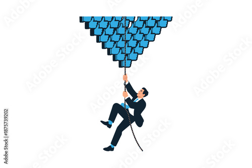 Businessman climbing rope with likes social media thumbs up approval success popularity trend