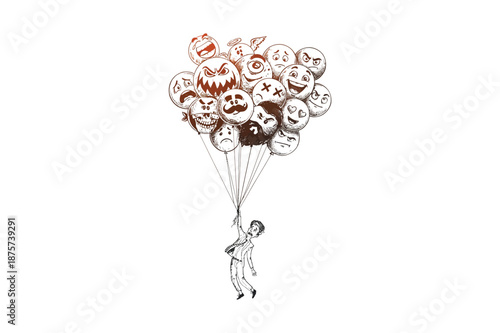 Man carried away by a bunch of emotional balloons in the air aerial