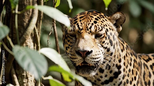 Jaguar in the jungle looking at the camera through leaves.