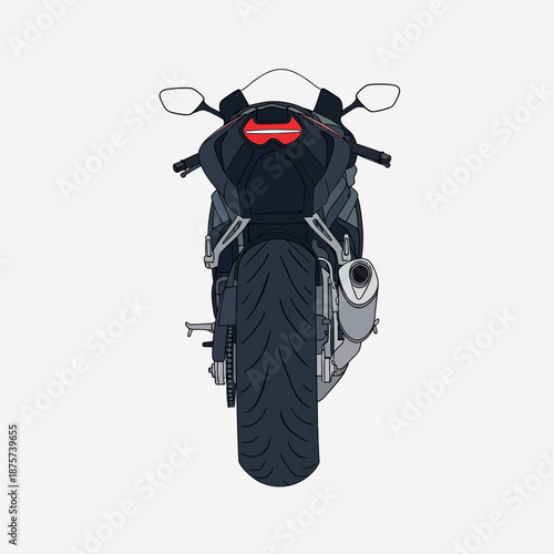 Rear view of a sleek black sports motorcycle with red taillight