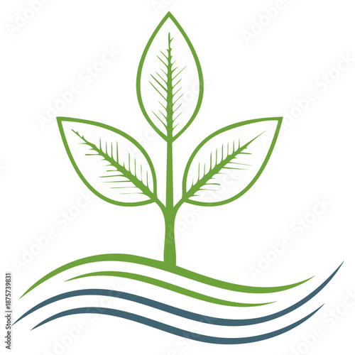 Abstract graphic of a vibrant green sapling thriving on waves of earth and water icon