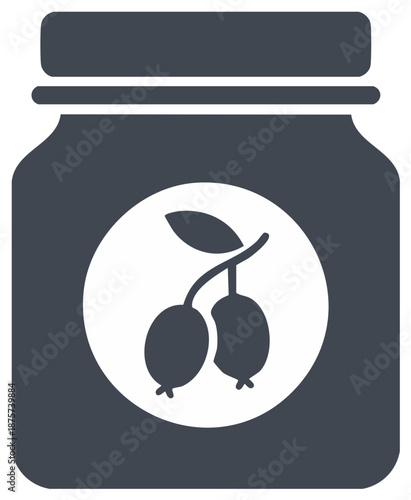 Dark Gray Jar Icon with White Berry and Leaf Label, Minimalist Preserve Food Product Graphic
