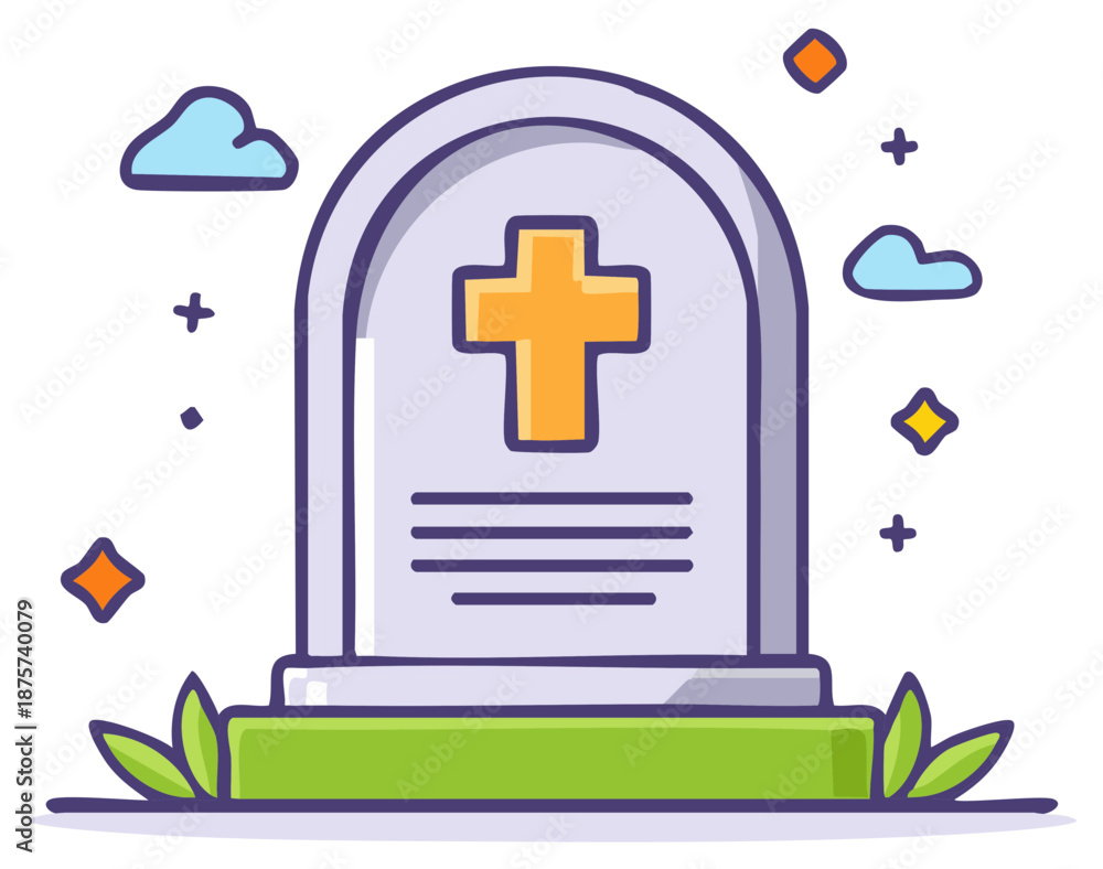 Obraz premium Illustrated tombstone with cross symbol and floating elements. Vector illustration of a cemetery design.