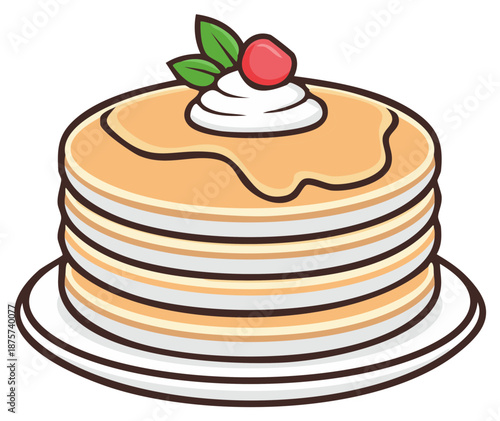 Stack of Pancakes with Whipped Cream, Strawberry and Mint on a Plate