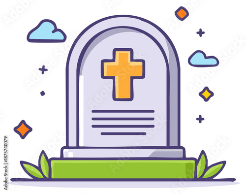 Illustrated tombstone with cross symbol and floating elements. Vector illustration of a cemetery design.