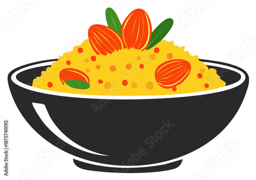 Vibrant Bowl of Yellow Grains Topped with Almonds and Green Leaves