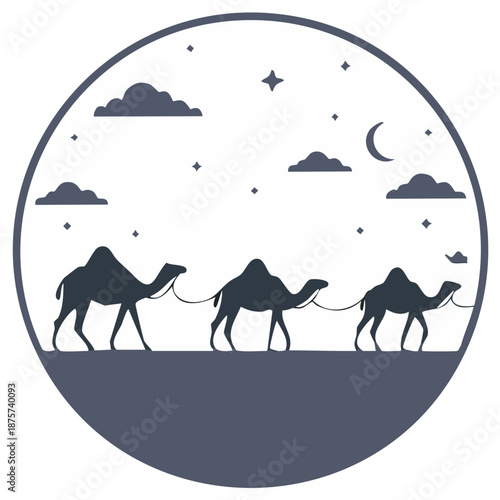 Three camels walking in a desert caravan under a starry night sky with moon and clouds circular illustration