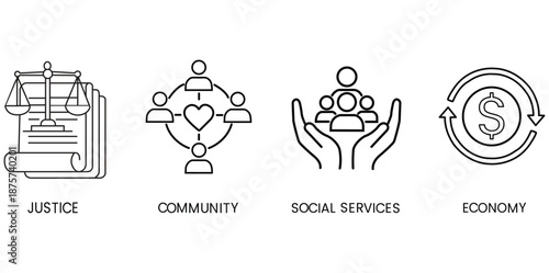 Symbols of Society: Minimalist illustrations represent essential societal pillars, offering a clean, contemporary visual narrative.