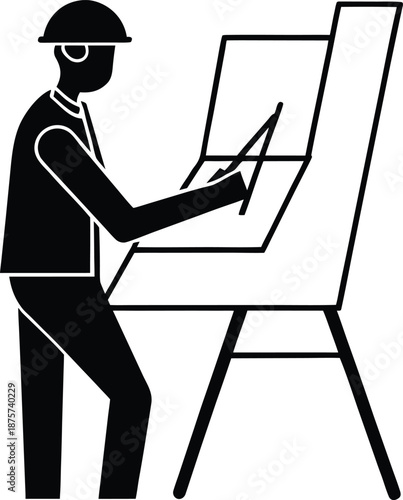 Architect drawing blueprint silhouette vector art illustration and minimal black and white design