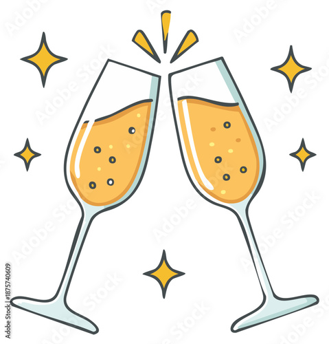 Hand drawn cartoon illustration of two champagne glasses toasting for a festive celebration