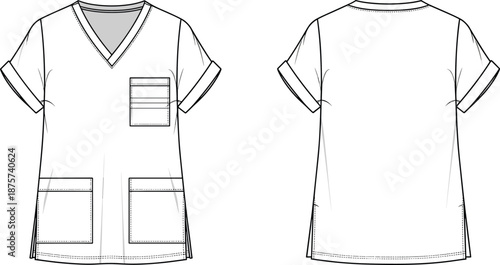 Medical scrub top technical line drawing showing front and back views with V neck chest pocket short sleeves isolated on white background apparel vector illustration