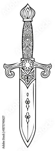 Ornate ornamental medieval sword with decorative patterned hilt and blade