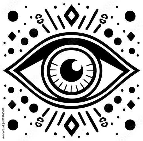 Mystical All-Seeing Eye with Geometric Symbols and Radiating Lines Black and White Graphic Illustration