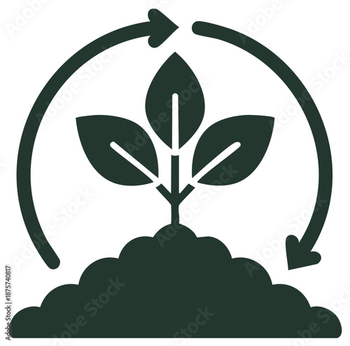 Green plant seedling growing in soil with circular arrow representing ecological growth regeneration cycle