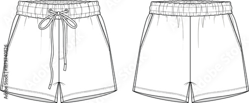 Casual drawstring shorts technical line drawing showing front and back views with elastic waistband pockets and stitching details isolated on white background apparel vector illustration
