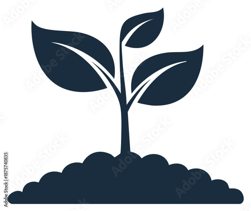 Simple silhouette graphic of a sprout growing from soil, representing growth, hope, nature and sustainable living