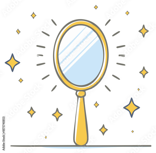 Sparkling hand mirror illustration surrounded by stars, symbolizing beauty and self-reflection