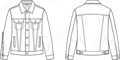 Men denim jacket technical line drawing showing front and back views with buttons pockets seams and collar isolated on white background fashion vector illustration