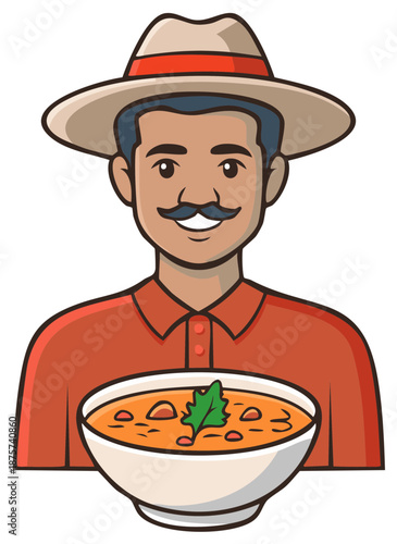 Man with Moustache Holding Bowl of Soup in Cartoon Illustration Style