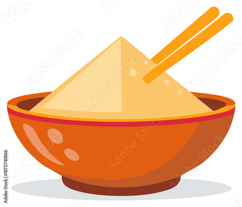 Vibrant flat design illustration of an Asian bowl filled with a golden rice pyramid and chopsticks