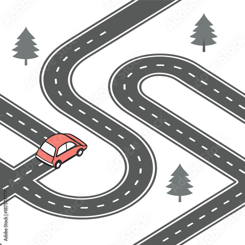 Isometric Winding Road with Red Car and Pine Trees Illustration.