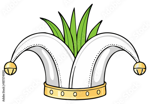 Funny Jester Hat with Bells and Green Grass Isolated, Carnival Party