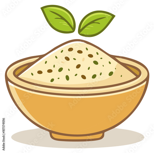 Cartoon bowl filled with light colored speckled food and fresh green leaves on top