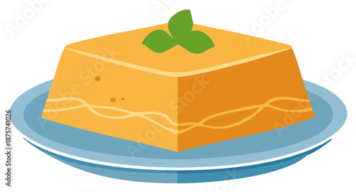 A slice of rich orange dessert with swirled icing and a mint leaf garnish on a blue plate