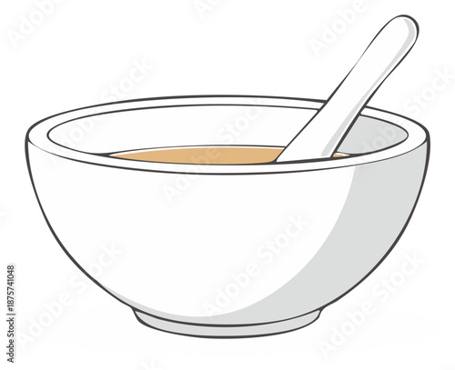 Bowl of Soup with Spoon Illustration, Simple White Bowl with Broth and Serving Utensil