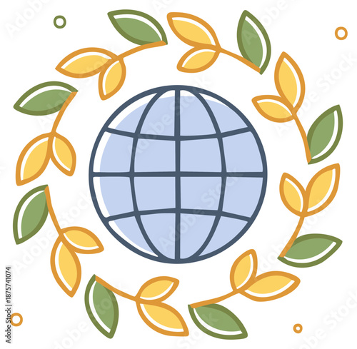 Globe and leaf wreath icon representing world peace and environmental sustainability