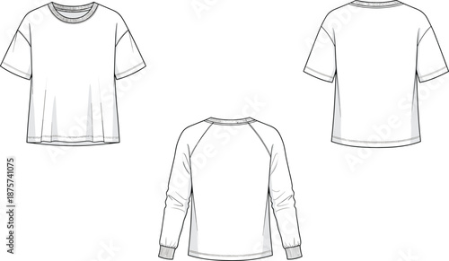 Men casual t shirt and sweatshirt technical line drawing showing front back and long sleeve views isolated on white background apparel vector illustration