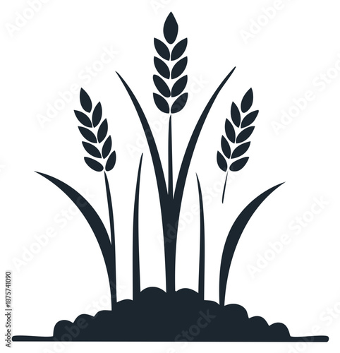 Simple black and white vector icon of wheat stalks growing from the ground for agriculture and bakery themes