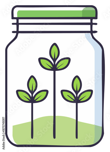 Green sprouts growing inside a clear glass jar with a green lid for sustainable agriculture concept