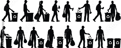 People recycling and throwing trash silhouette set, men and women sorting waste into bins, eco friendly cleanup activity icons isolated on white.