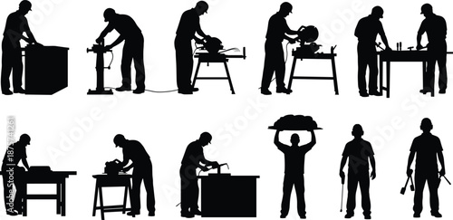Industrial worker silhouettes set showing construction carpentry cutting drilling lifting and workshop activities isolated on white background black vector illustration