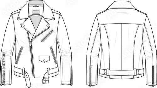 Leather biker jacket fashion technical sketch with front and back views, zipper pockets and belt details, outerwear design template line art illustration.
