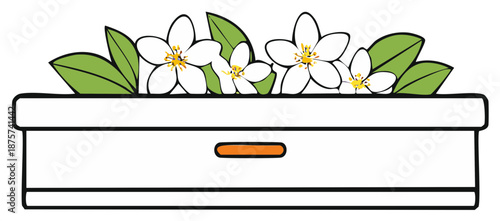 Flowering plant in pot, botanical illustration, flat design, floral, blossoms and leaves.