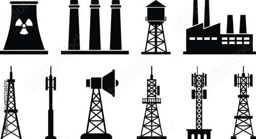 Black industrial silhouette icons set with nuclear power plant, smokestacks, water tower, factory and telecommunications towers, infrastructure and energy technology collection.
