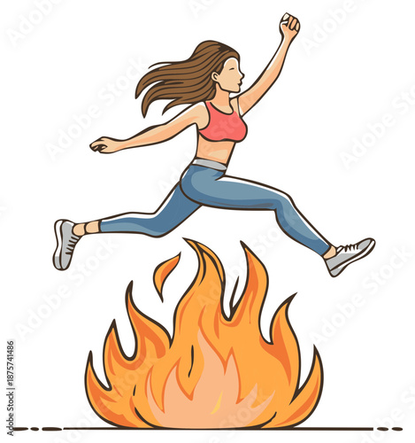 Determined athletic woman leaping over blazing fire obstacle symbolizing courage and achievement