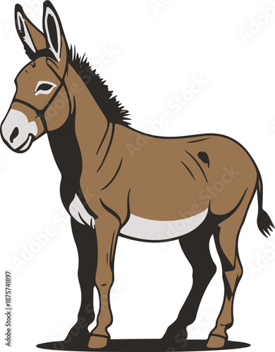 Minimalist vector sticker of a donkey side view, sturdy proportions, clean outline, flat design, white background, work ethic branding illustration