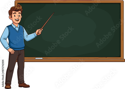 Cartoon teacher pointing at empty chalkboard in classroom, male instructor with pointer stick, education lesson concept, school blackboard vector illustration.